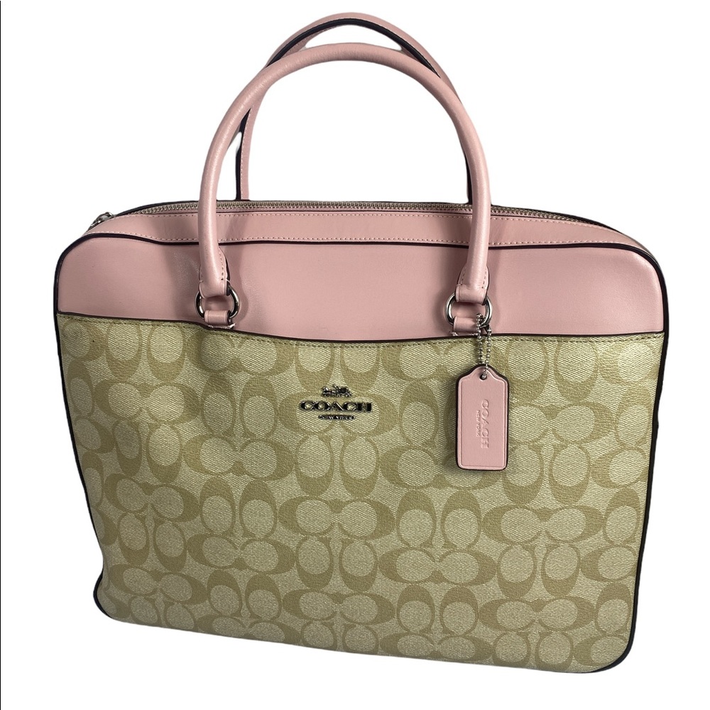 Coach Signature Crossgrain Pink Leather Top Handle Laptop Bag